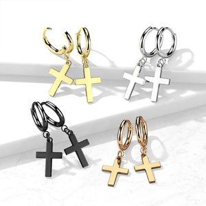 Pair of 316L Stainless Steel Hinged Hoop Earrings with Cross Dangle